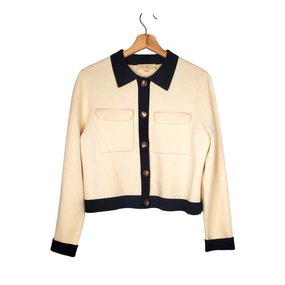 Sezane Betty Merino Wool Cropped Sweater Cardigan Ecru Black Pockets Size Small - Picture 4 of 11